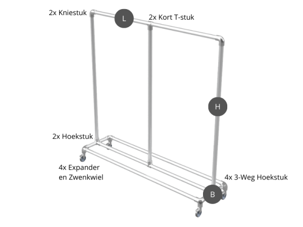 Kledingrek uit steigerbuis Ø 26,9 mm met zwenkwielen Ø 75 mm